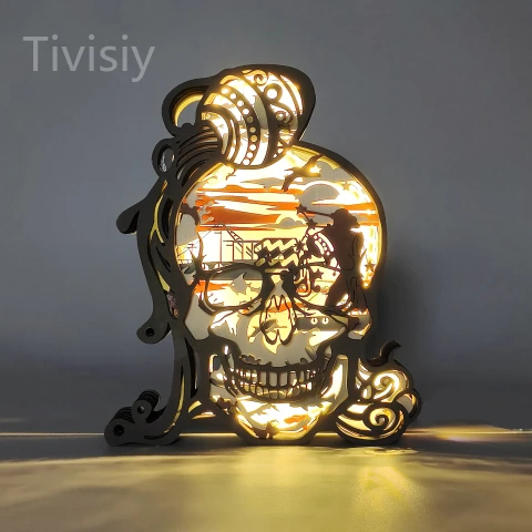Aquarius Skull 3D Wooden Carving,Suitable for Home Decoration,Holiday Gift,Art Night Light